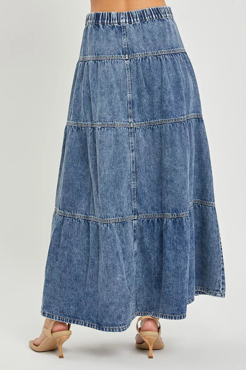 RISEN high waist tiered ruffle maxi skirt close up detail