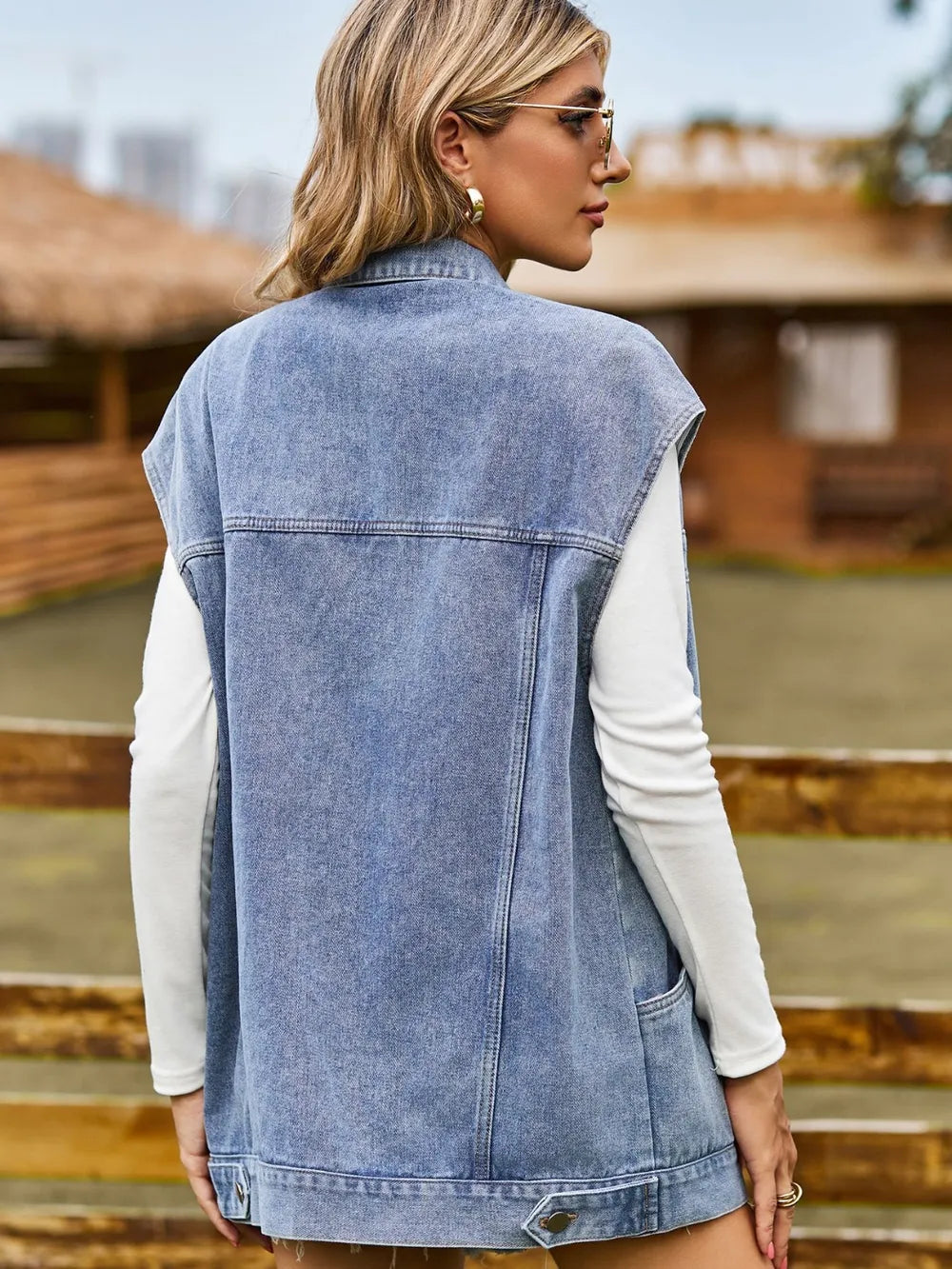 Button Up Collared Neck Sleeveless Denim Jacket - Fashorio