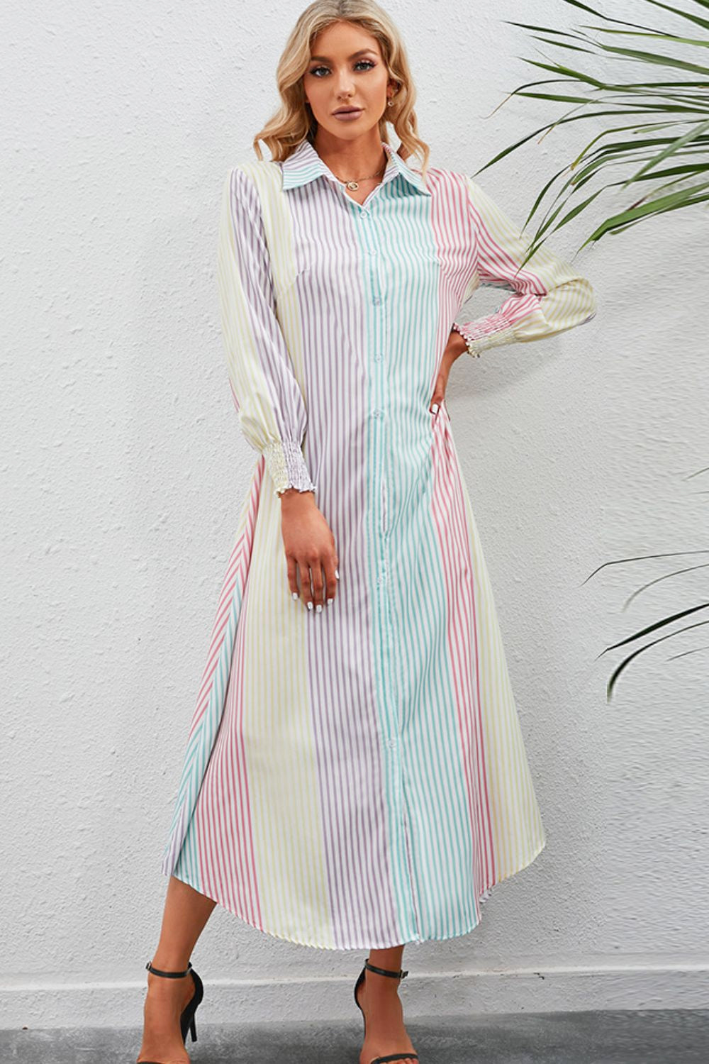 Rainbow stripe button up shirt dress front view