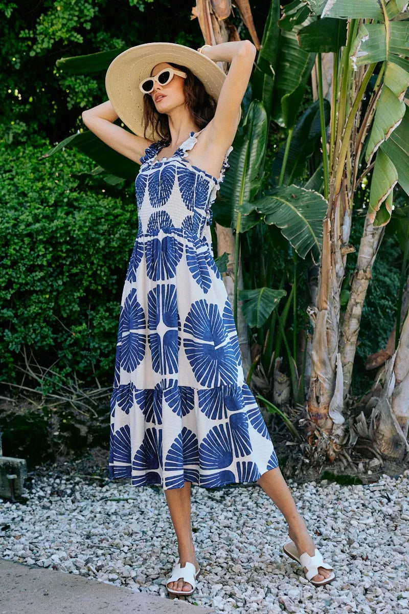 Navy abstract print smocked bodice tiered midi dress front view