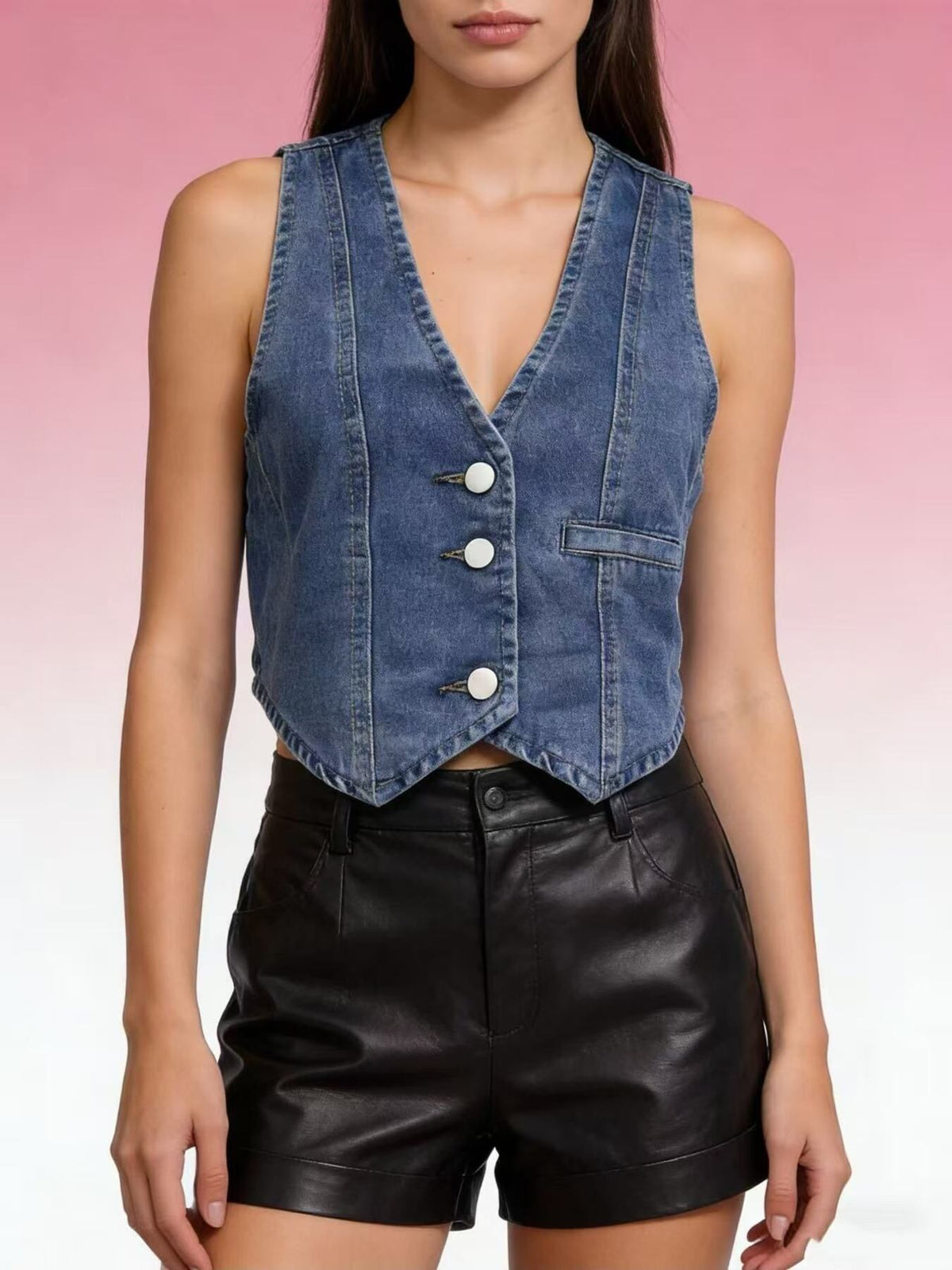 Button Down Denim Vest in Dark Blue detail