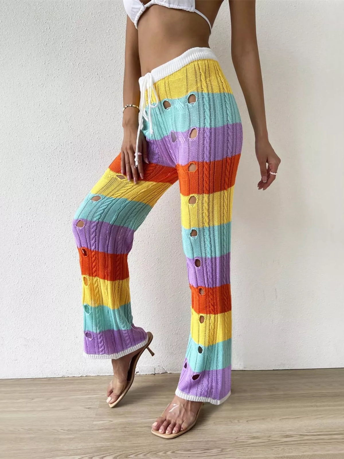 Striped crochet knit drawstring pants back view