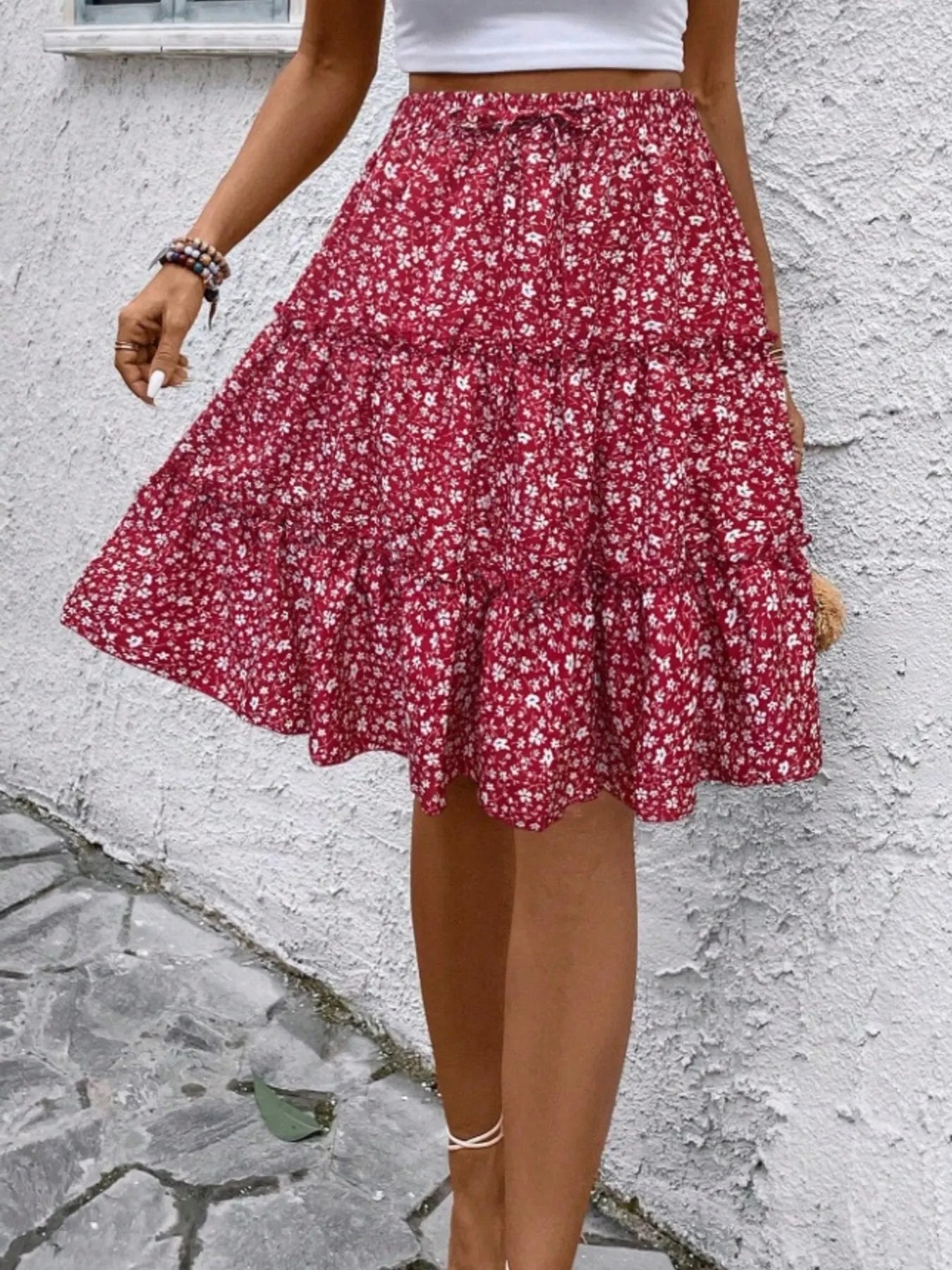 Floral Print Midi Skirt Red - Fashorio