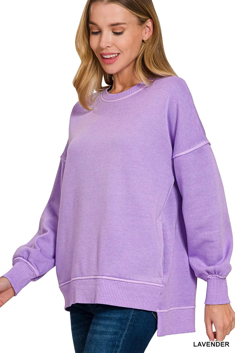 Zenana Pigment Dye Fleece Hi-low Hem Sweatshirt With Pocket LAVENDER - Fashorio