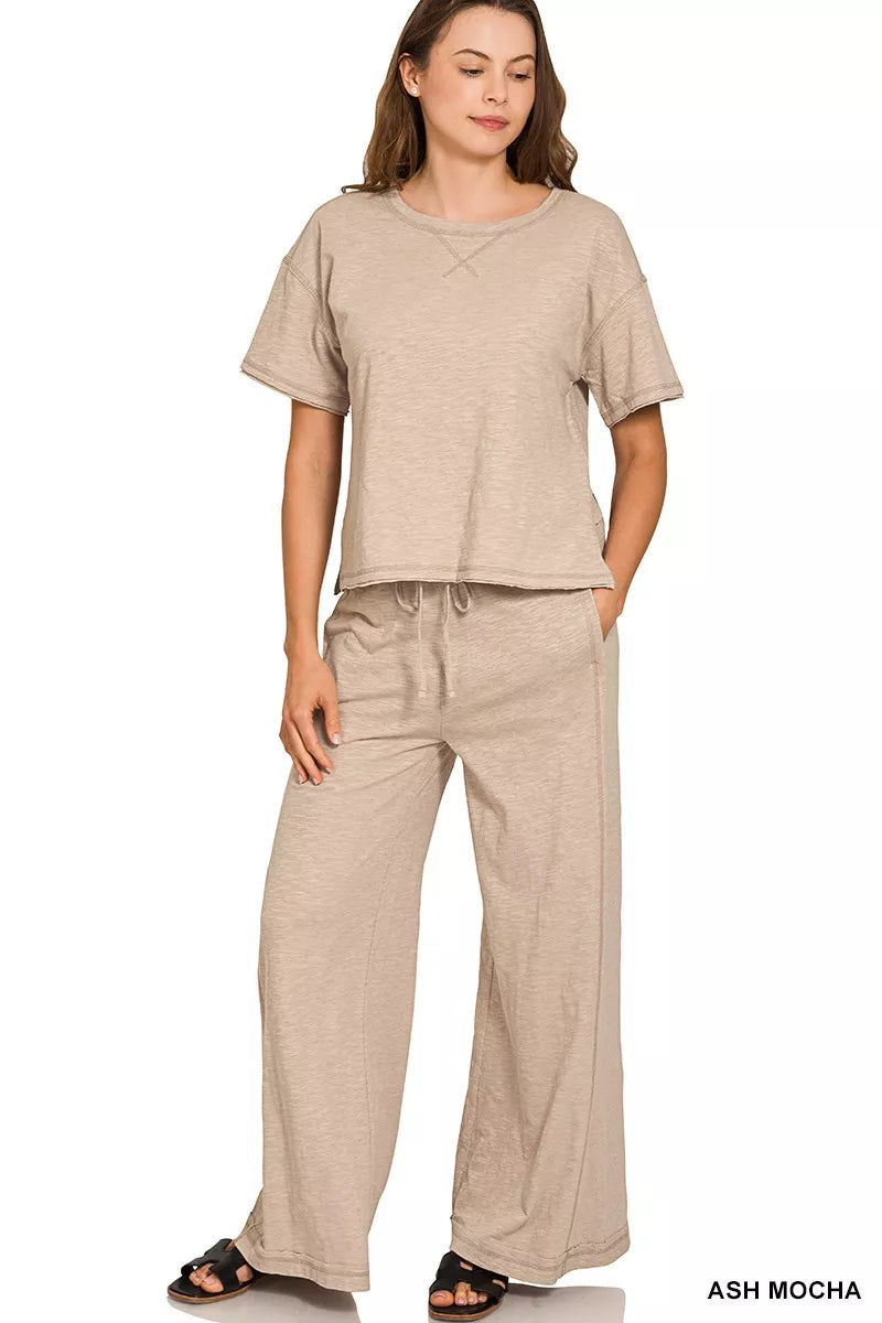 Ash mocha cotton slub short sleeve tee and pants matching set