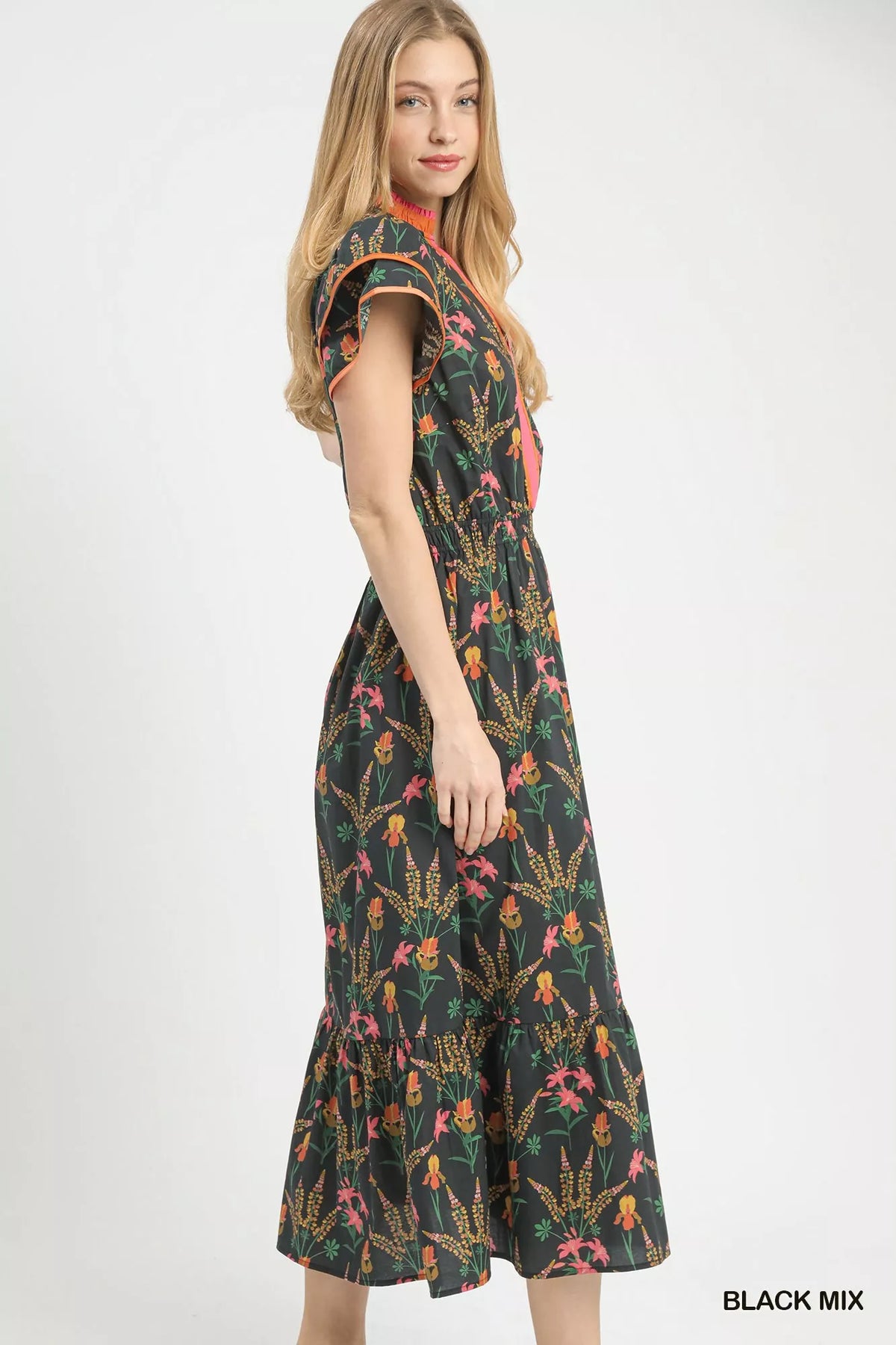 Floral Print Midi Dress in Black back view