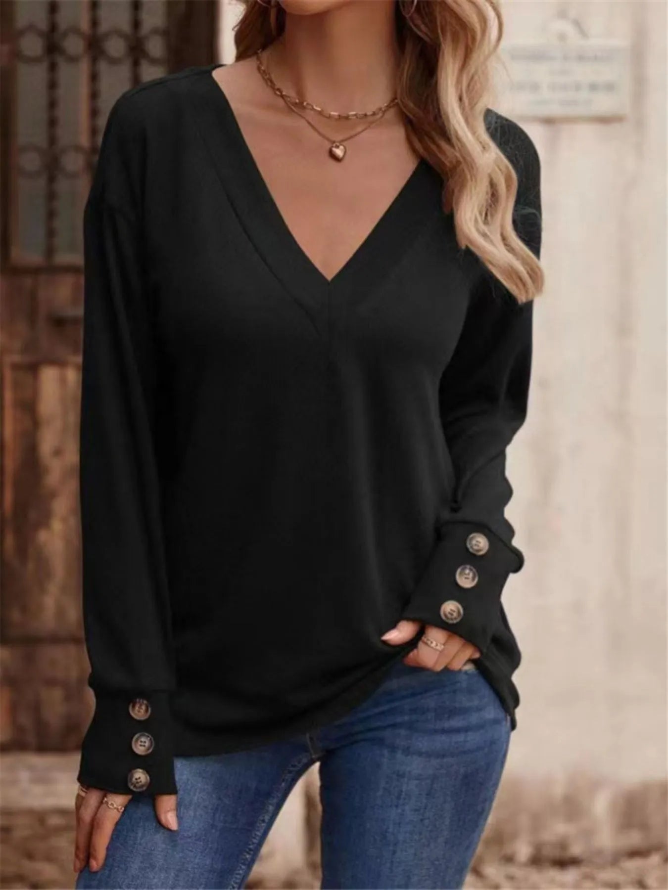 V-Neck Long Sleeve T-Shirt Black - Fashorio