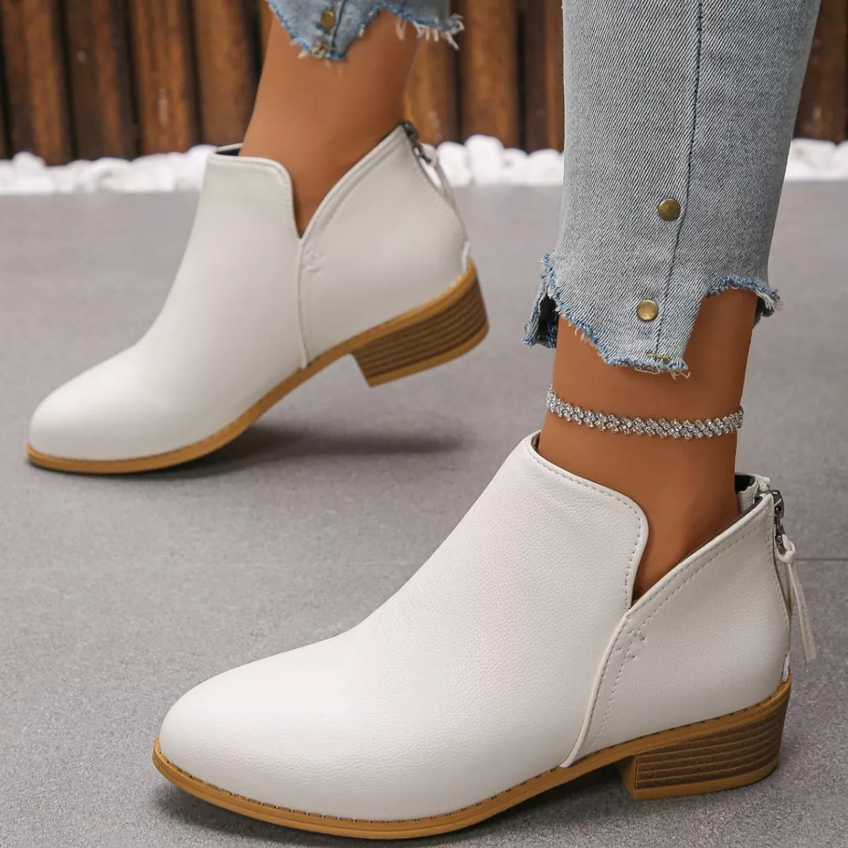 Point toe block heel ankle boots platform detail