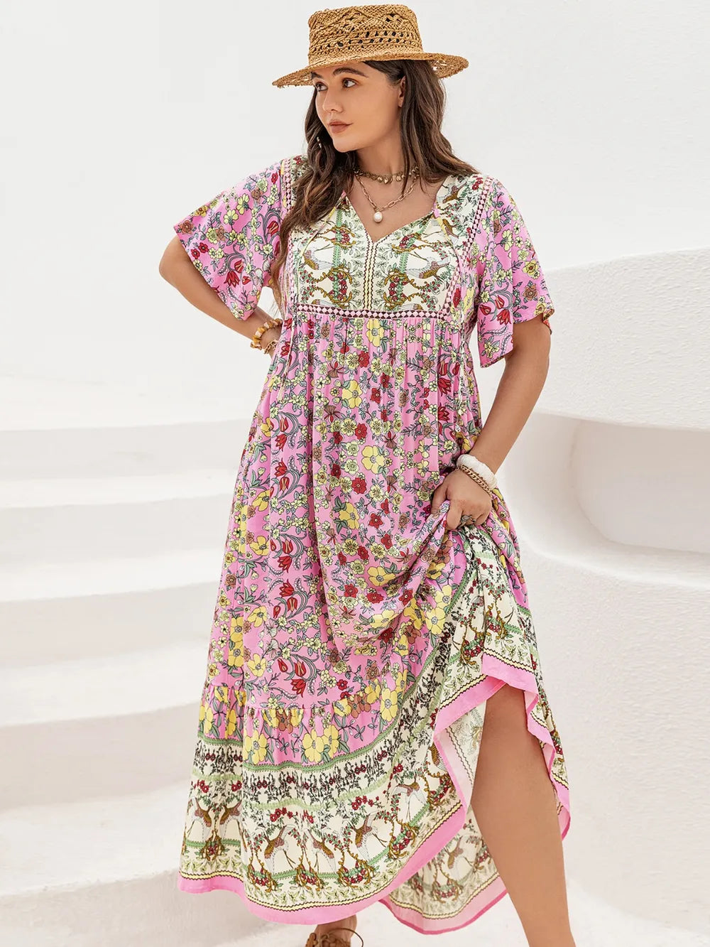 Plus size blush floral flutter sleeve maxi dress front view