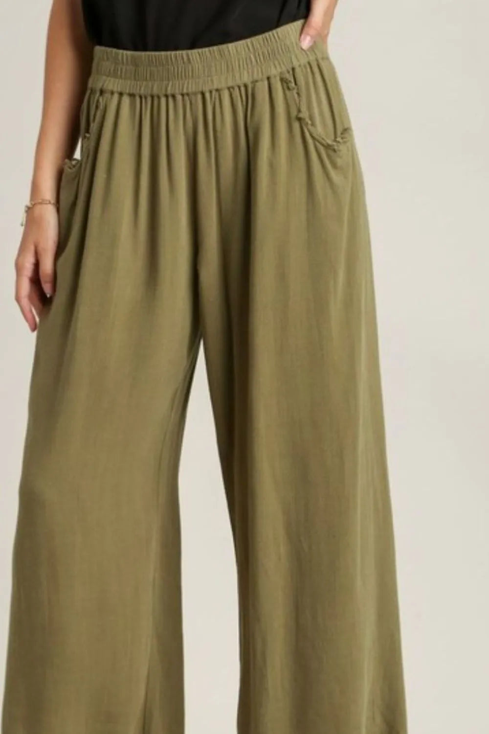 Umgee Full Size Linen Blend Elastic Waistband Wide Leg Pants Plus Size - Fashorio