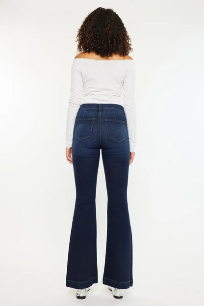 Kancan Button Fly High Rise Distressed Flare Jeans - Fashorio