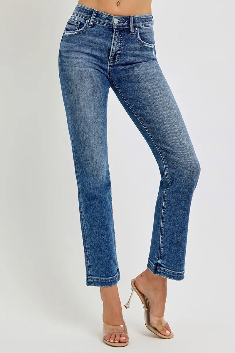 RISEN Full Size Tummy Control Elastic Band Mid Rise Straight Jeans Plus Size - Fashorio