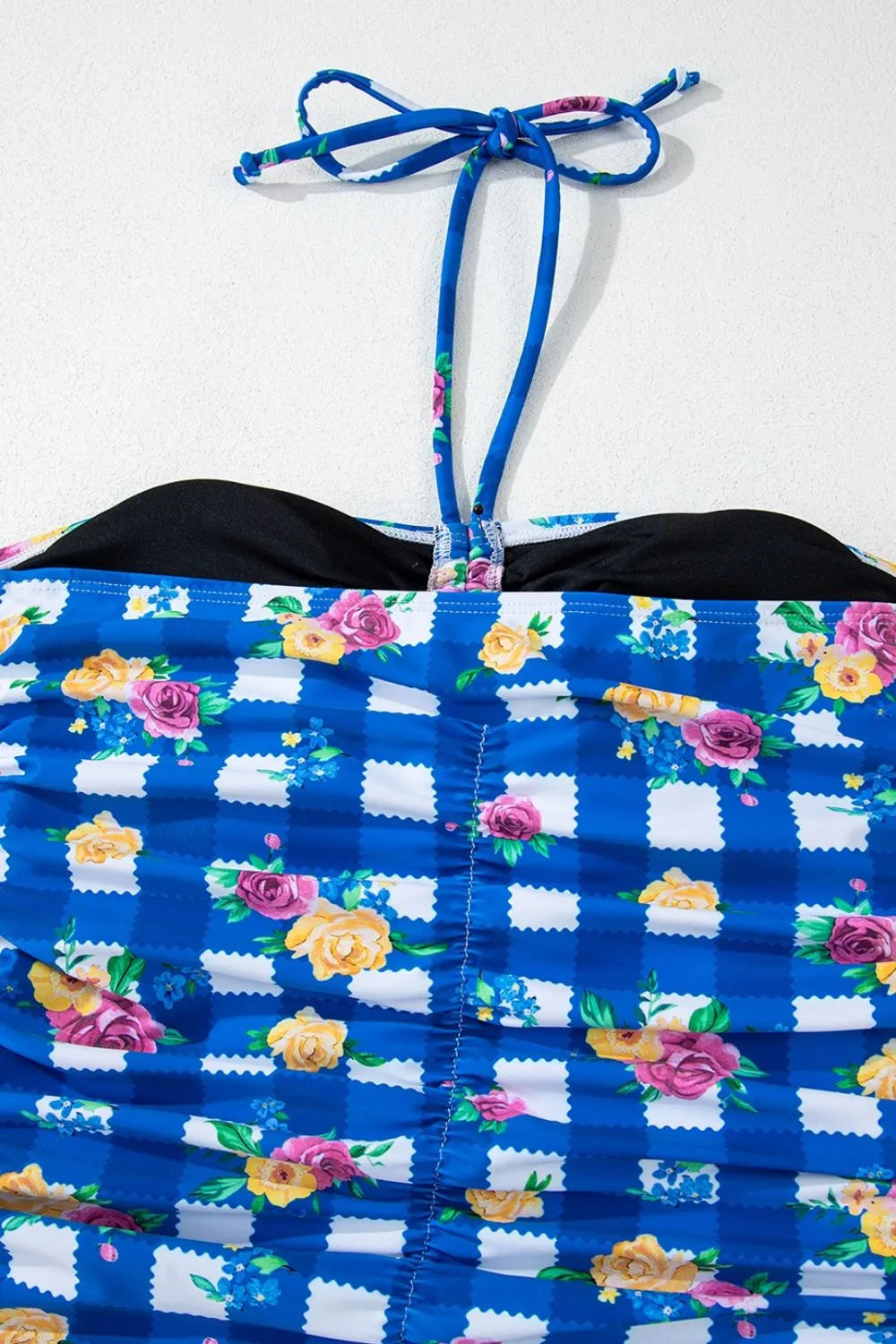 Floral Gingham Halter Neck Drawstring One Piece Swimwear - Fashorio