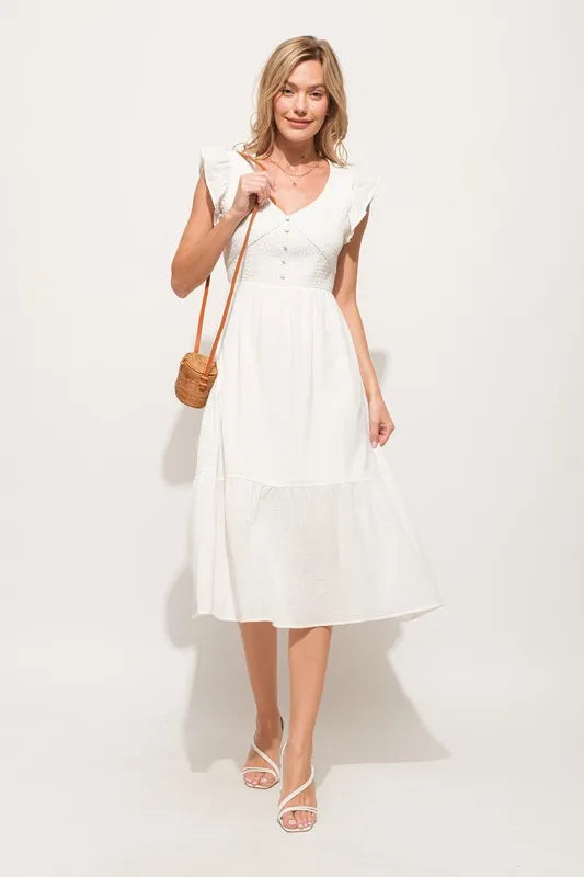 Ruffle Sleeve Front Smocked Tiered Midi Dress styled look