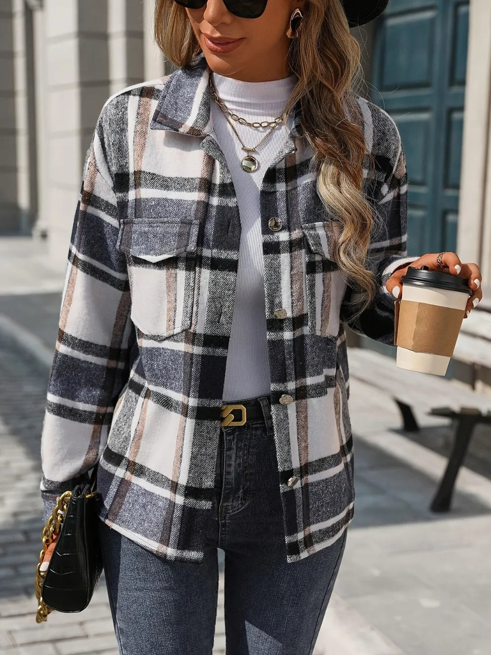 Plaid Button Up Drop Shoulder Shacket in Black detail