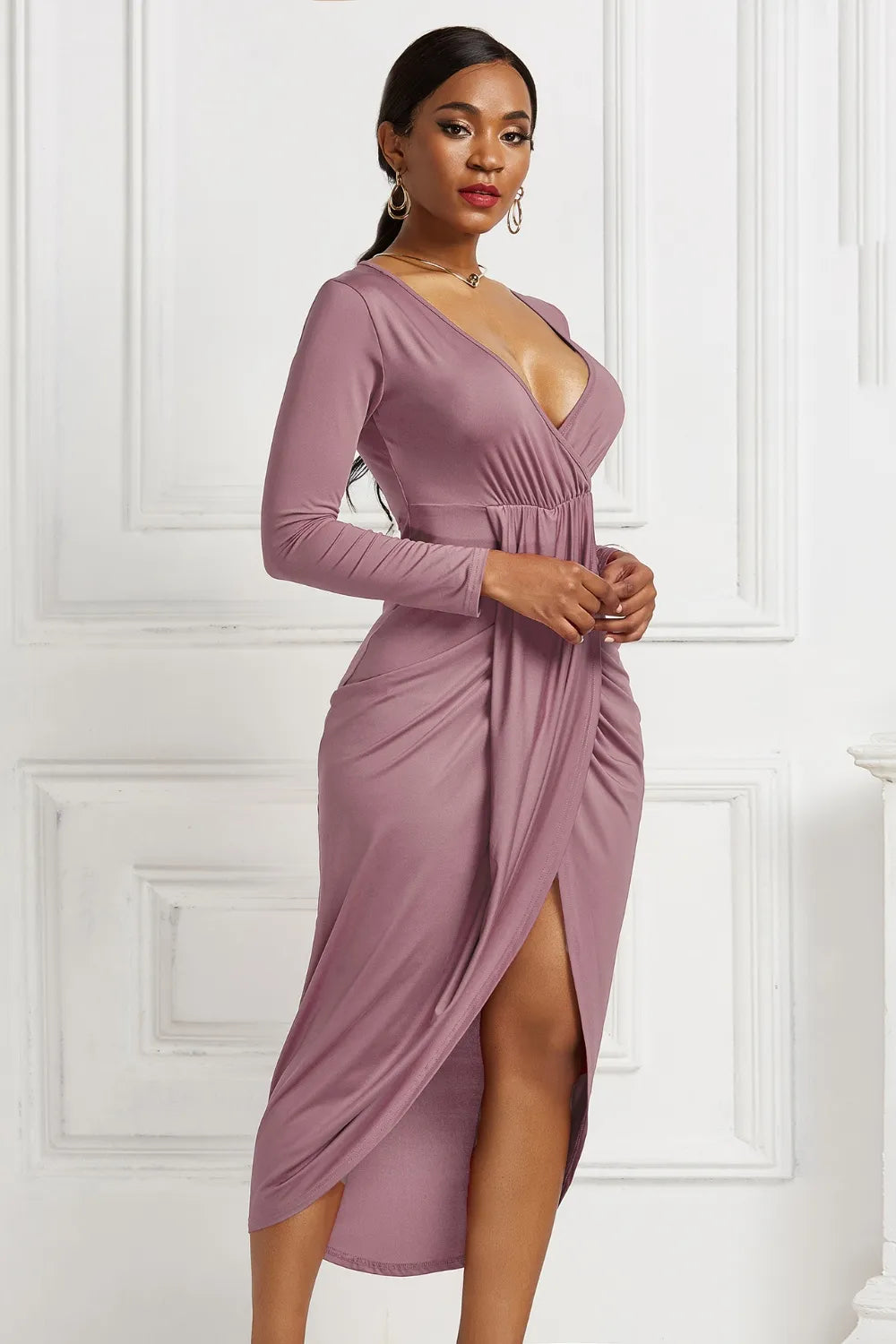 High Low Ruched Surplice Long Sleeve Dress, view 29