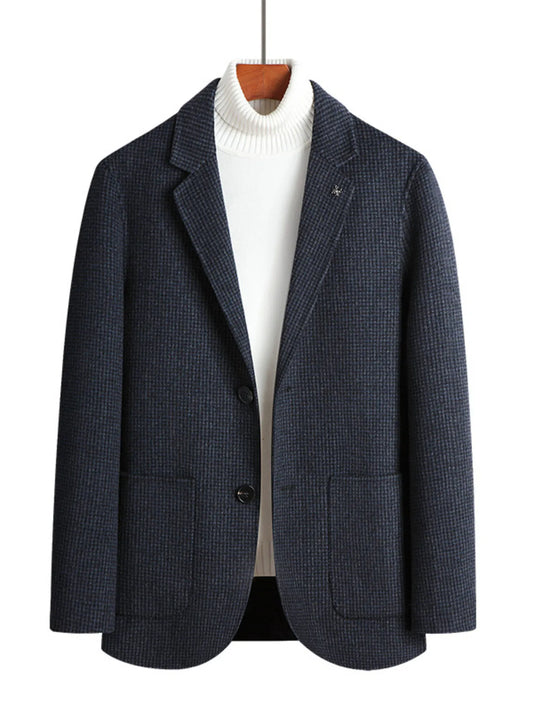 Men's Plus Size Lapel Collar Long Sleeve Blazer Blue Grid - Fashorio