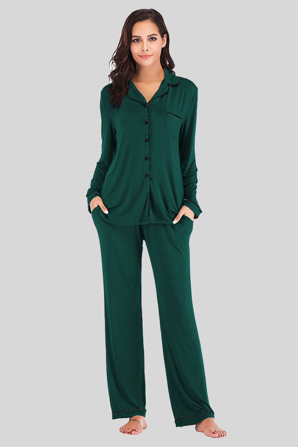 Collared Neck Long Sleeve Loungewear Set with Pockets Green - Fashorio