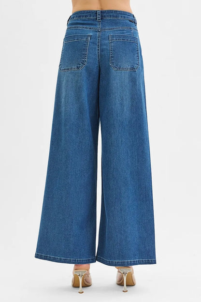 RISEN Mid Rise Fit Wide Leg Knit Denim Look Jeans - Fashorio