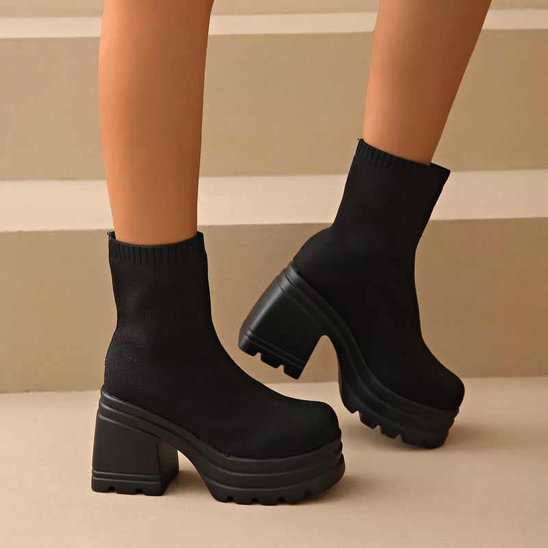 Round toe block heel boots front view