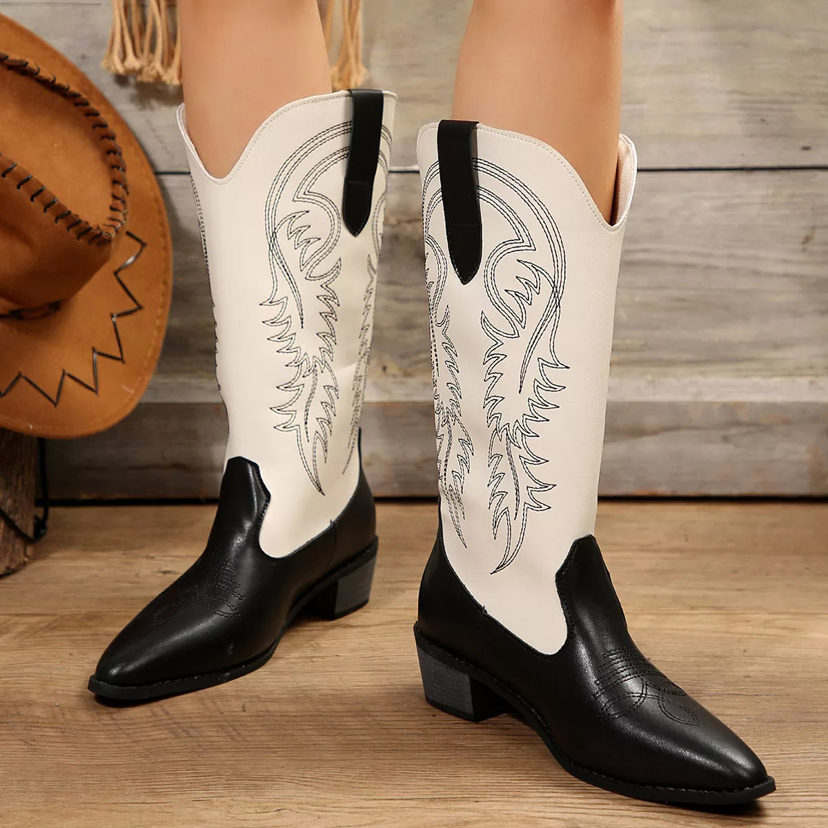 White block heel boots front view