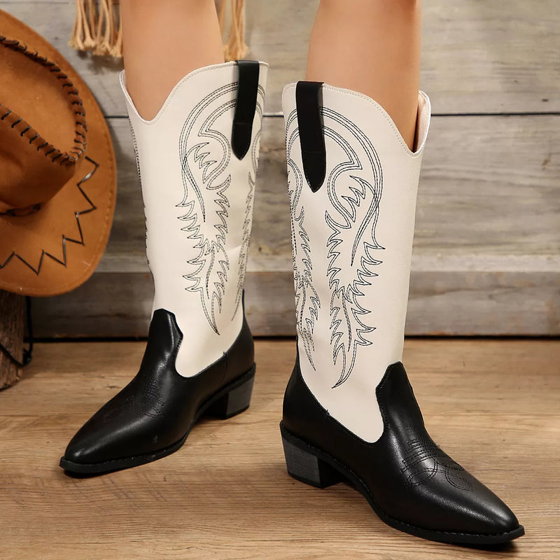 White block heel boots front view