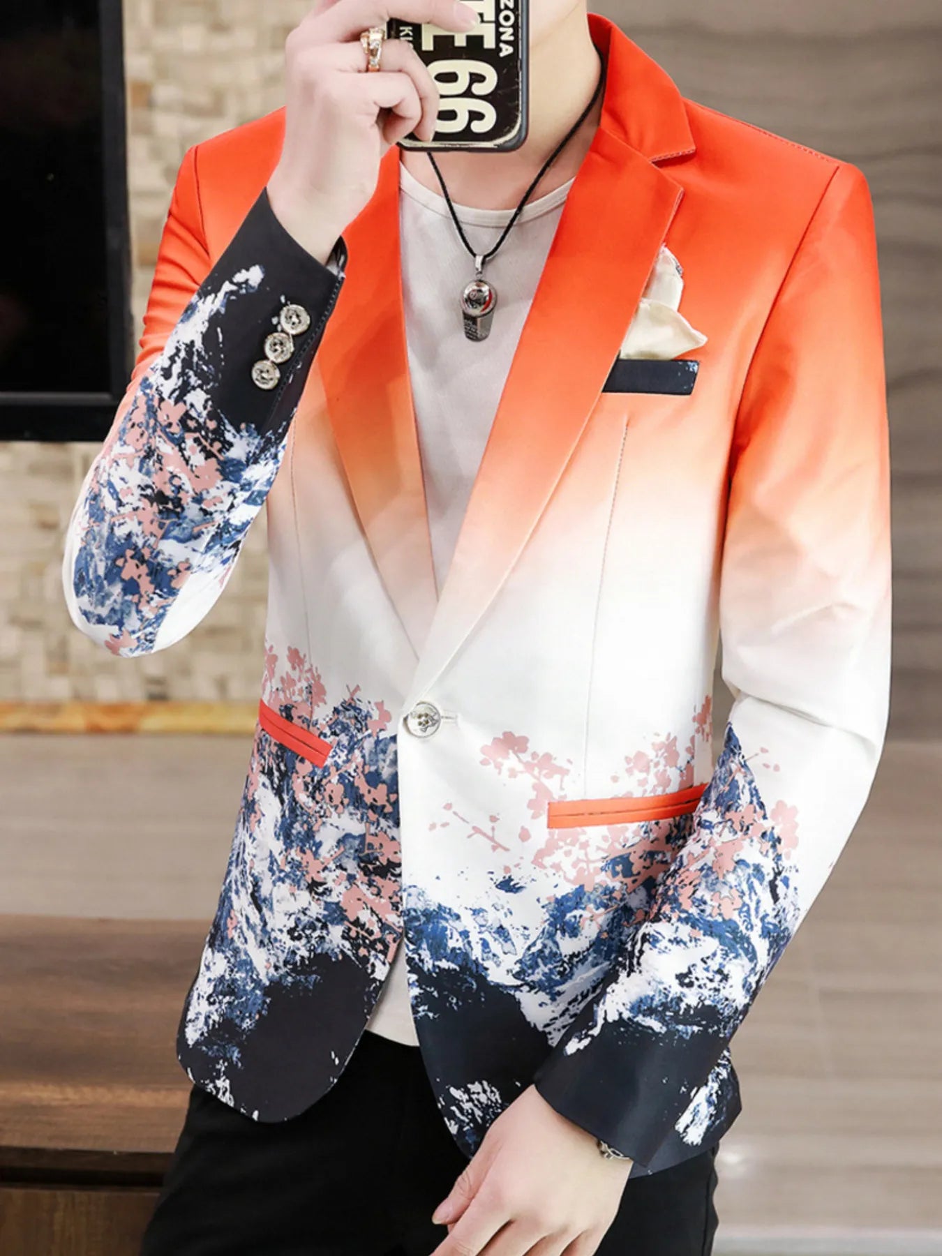 Men's Plus Size Printed One Button Long Sleeve Blazer Orange Red - Fashorio