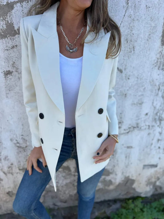 Full Size Collared Neck Long Sleeve Blazer Ivory - Fashorio