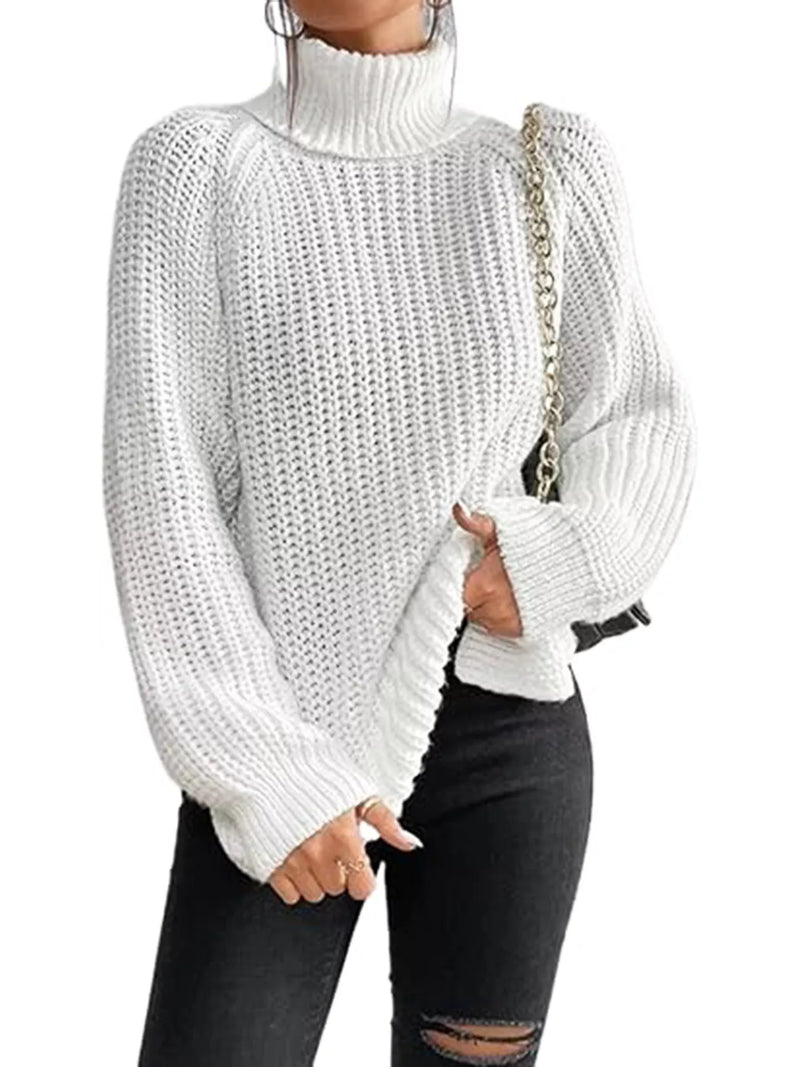 White chunky knit turtleneck sweater front view