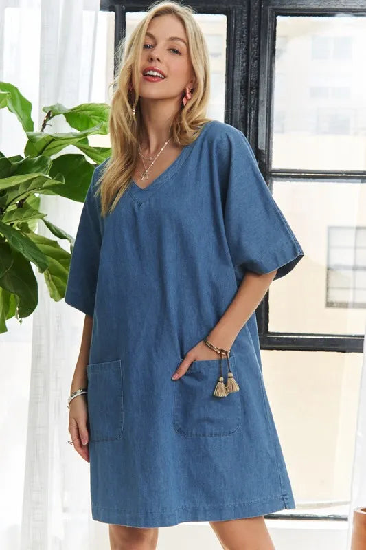 Peacock blue mini denim dress side view