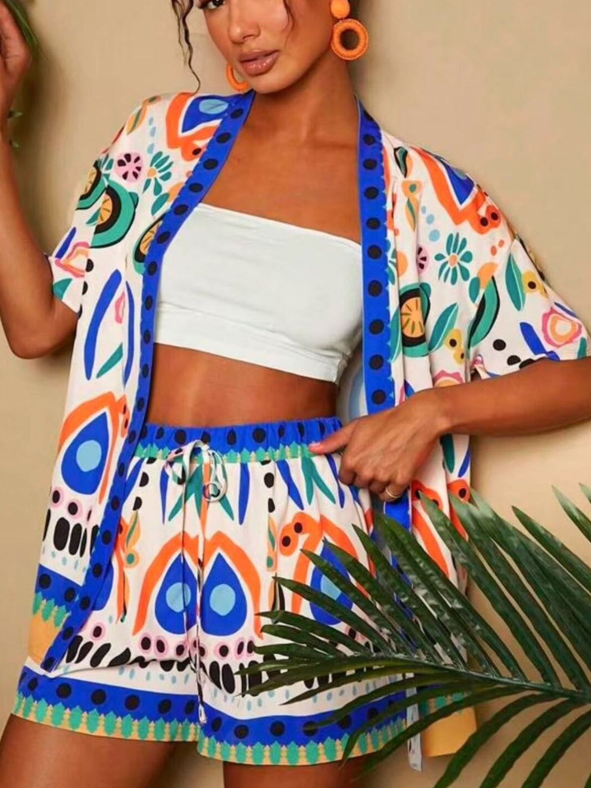 Printed Open Front Cardigan and Shorts Set, view 7