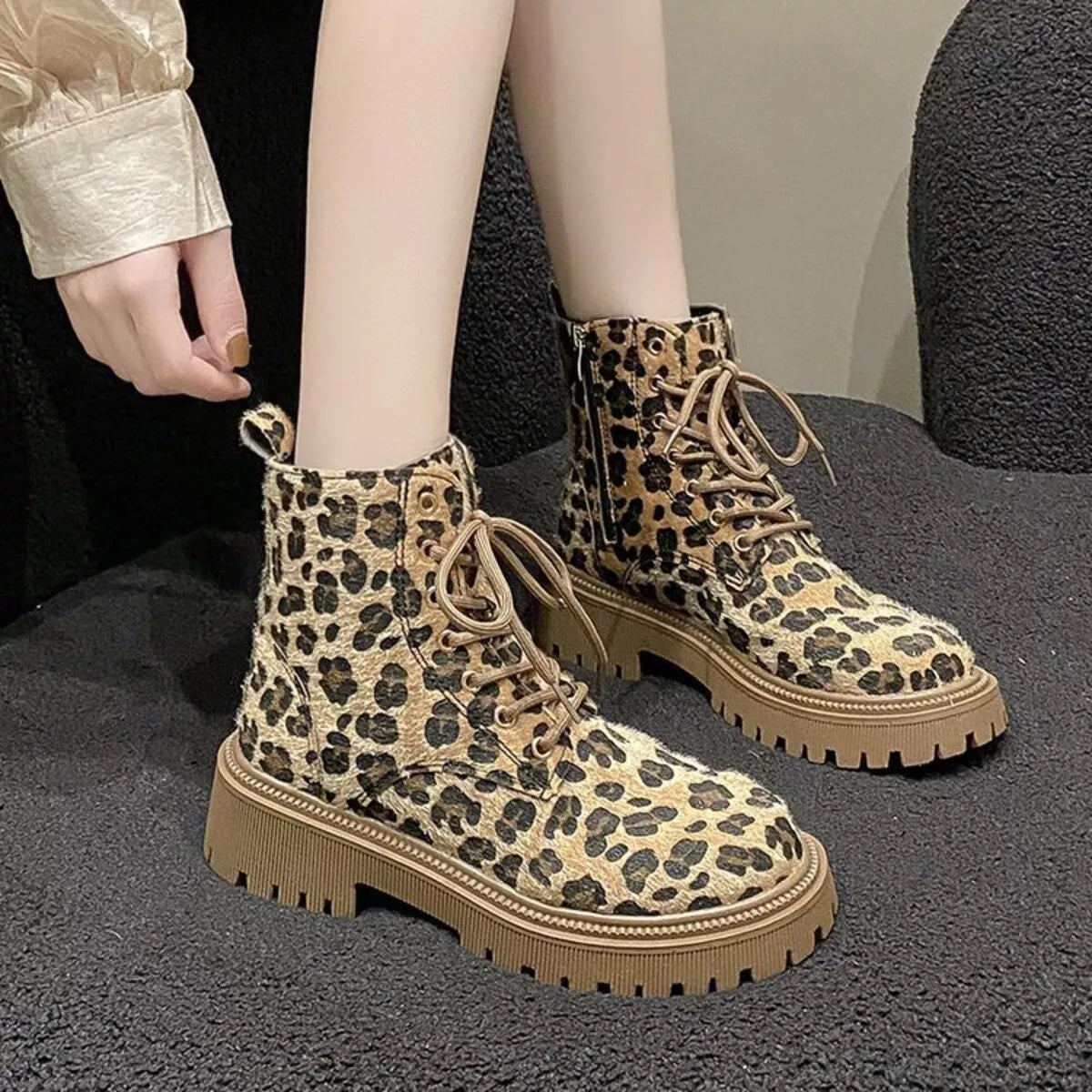 Animal print lace up ankle boots side profile
