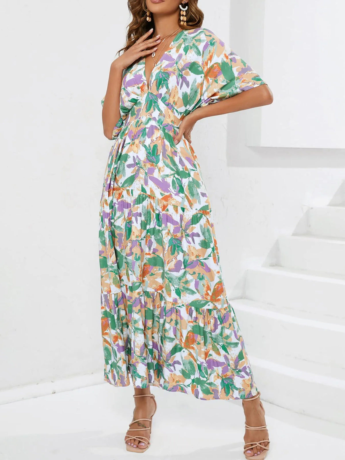 Floral print midi dress flowing skirt