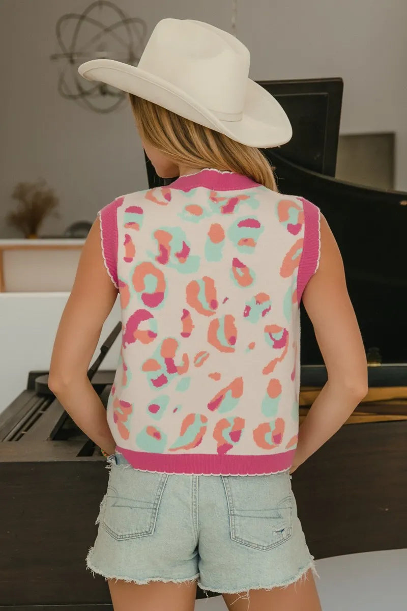 Leopard Sweater Vest with Front Tie in Ivory and Pink styled look