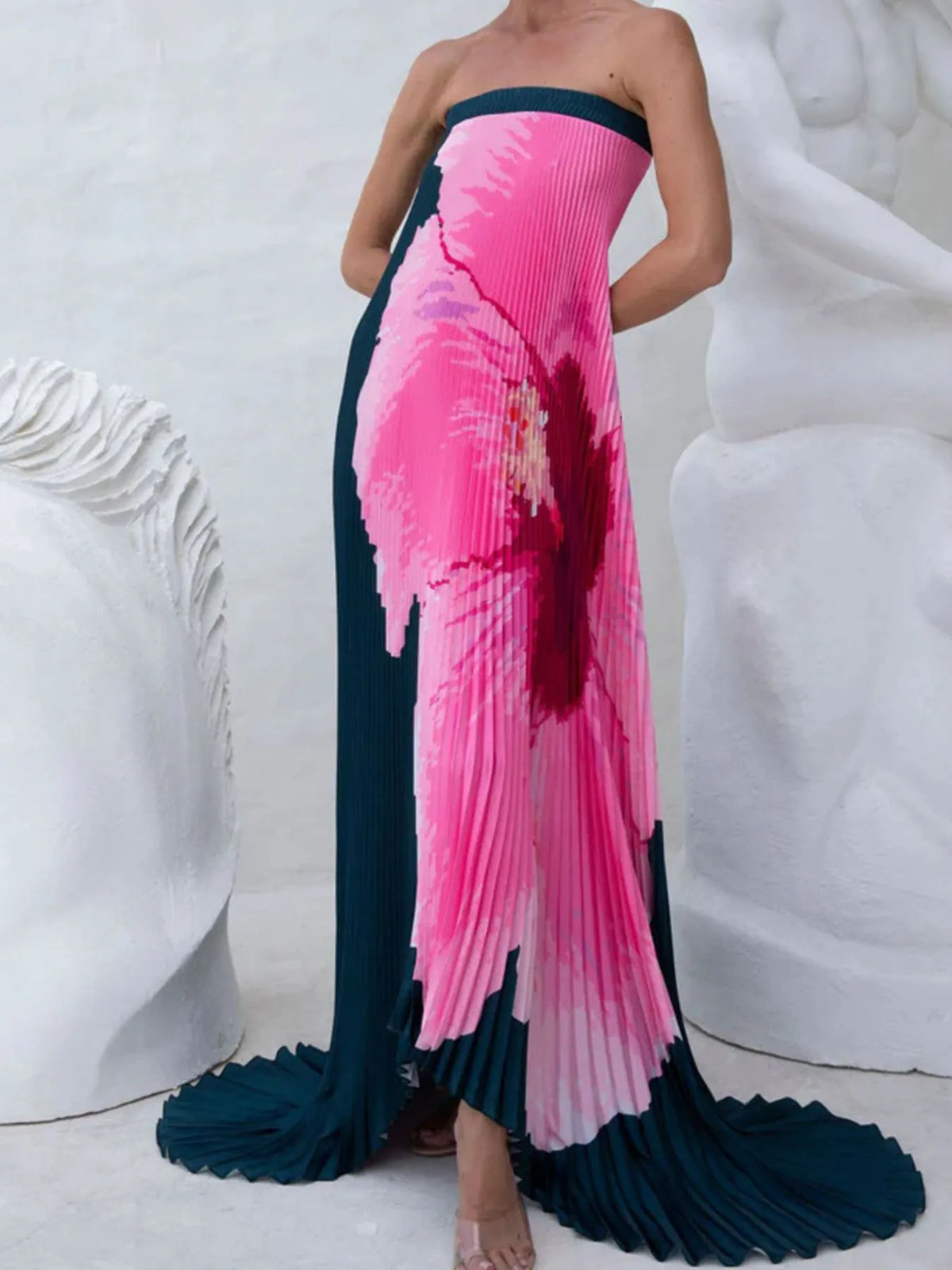 Pleated printed strapless tube floor length dress full length styling
