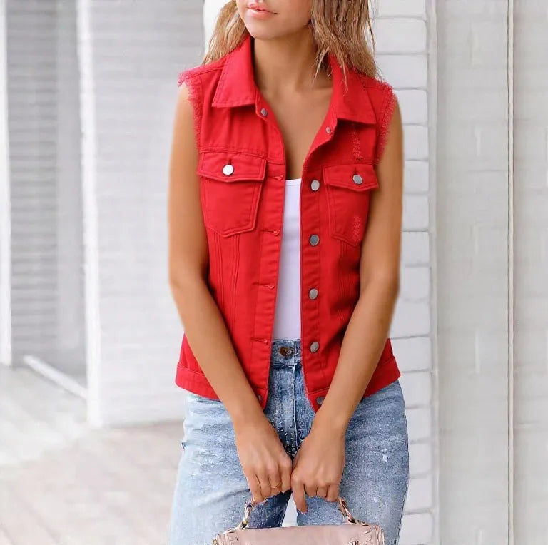 Frayed Denim Vest Plus Size in Blush Pink view 14