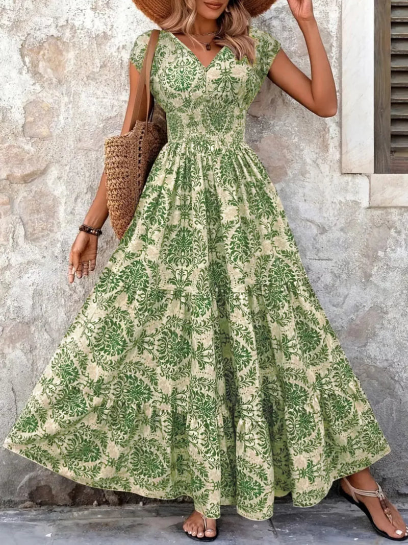Printed V-neck tiered maxi dress front view