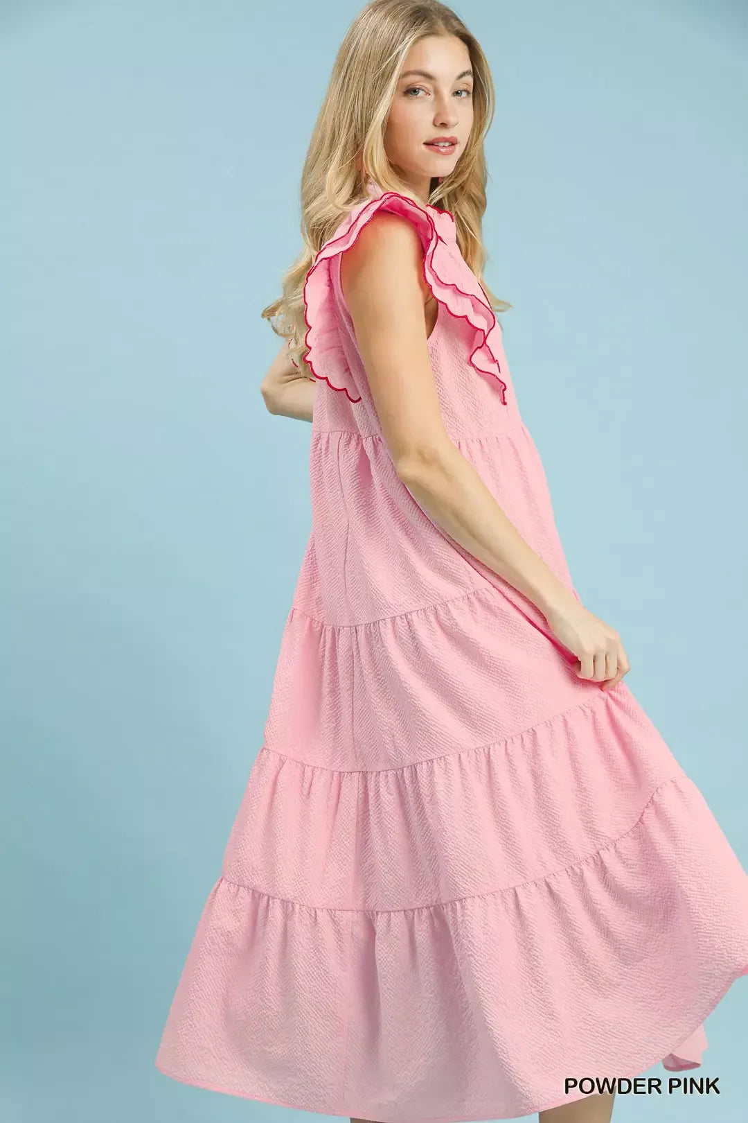 Seersucker Ruffle Sleeve Tiered Midi Dress back view