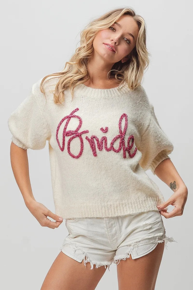 Metallic Letter Fuzzy Puff Sleeve Top in Ivory view 18