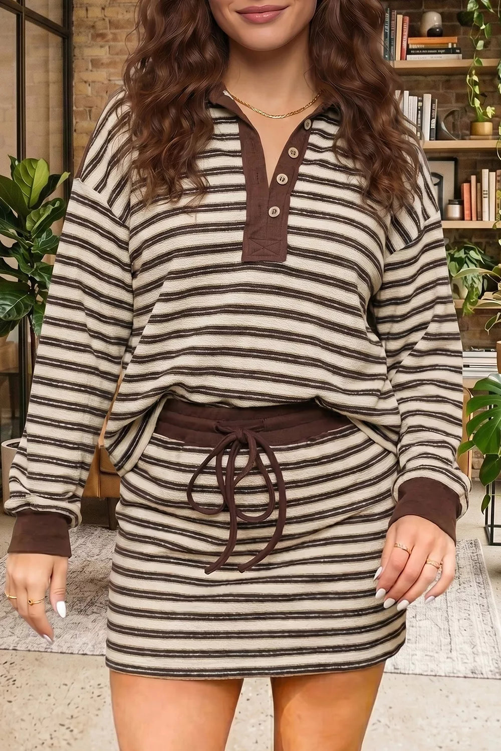Striped button neck long sleeve top and mini skirt set