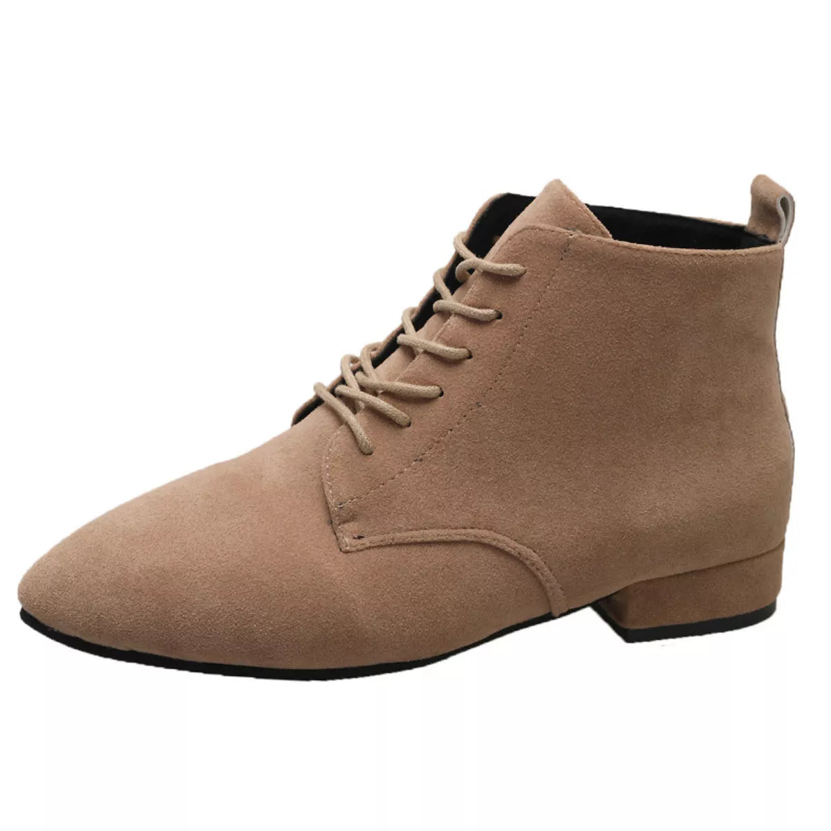 black point toe block heel boots pair angled view