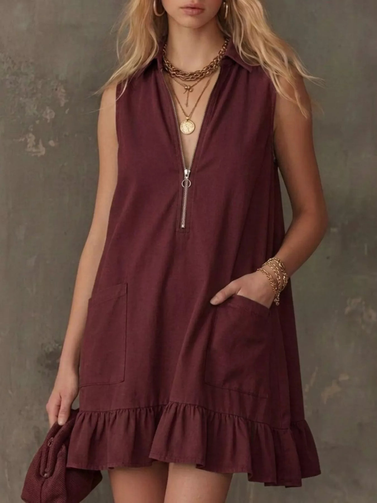 Zip front ruffle hem mini dress colour options