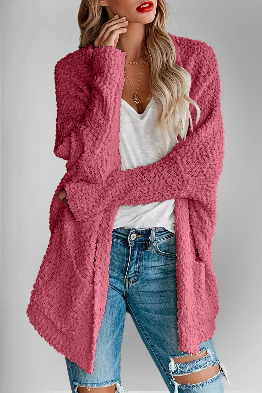 Double Take Pocketed Open Front Long Sleeve Cardigan Deep Rose - Fashorio