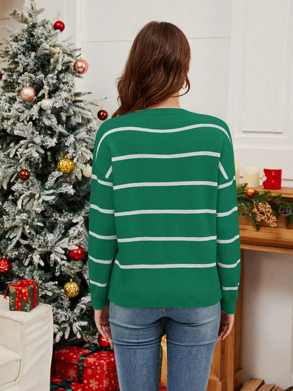 Sequin Santa Striped Round Neck Sweater back view