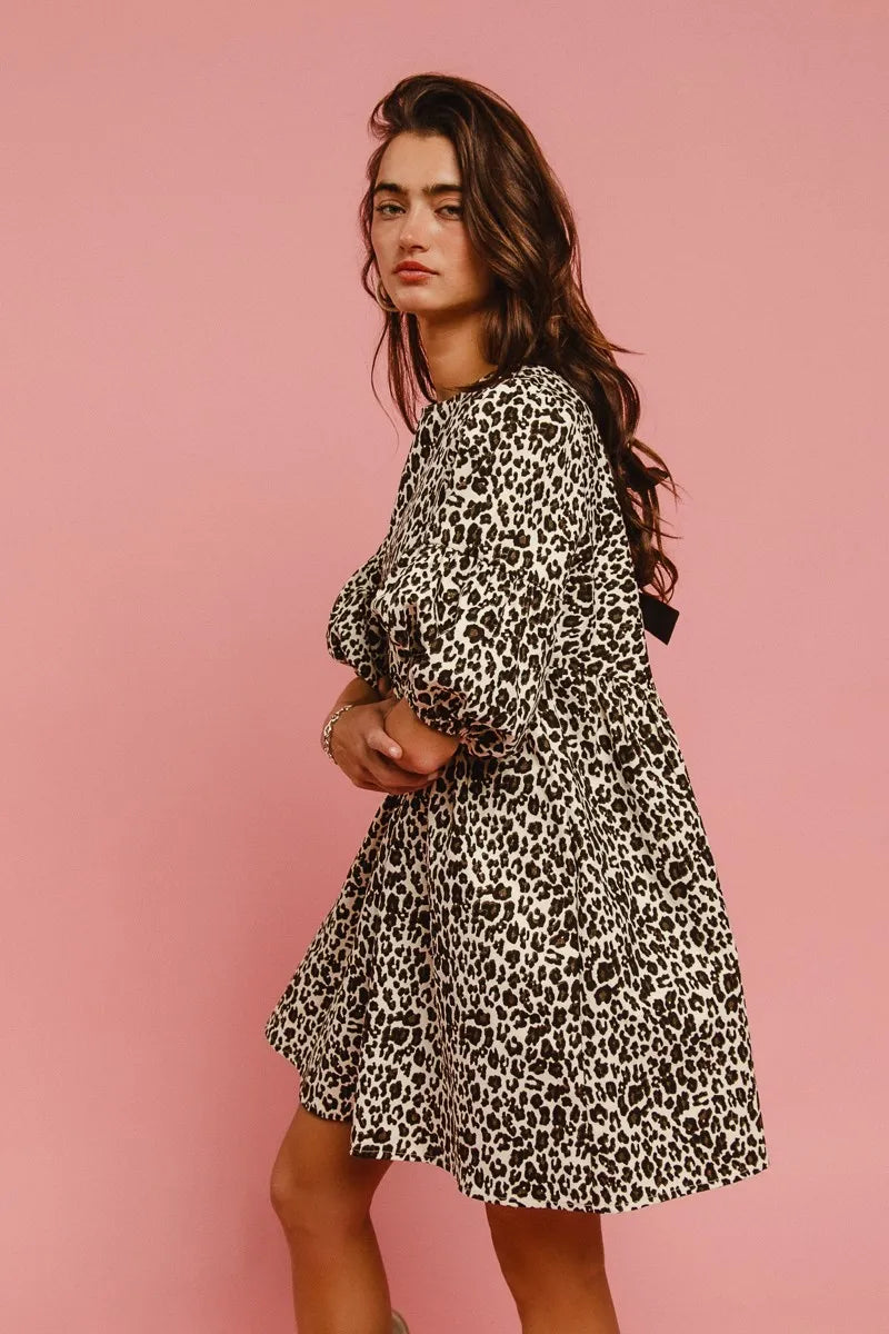 BiBi Leopard Denim Dress With Back Contrast Tie Detail - Fashorio