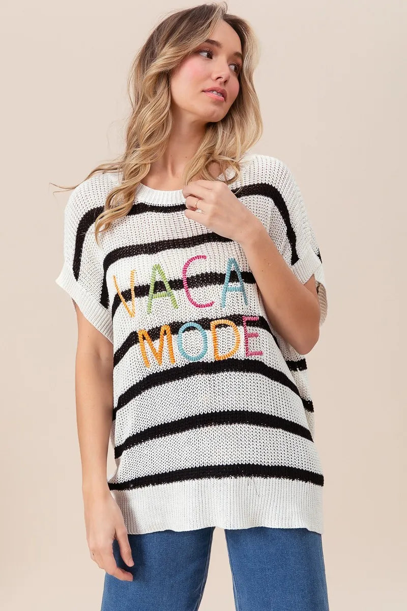 BiBi Vacay Mode Lettering Drop Shoulder Striped Sweater - Fashorio