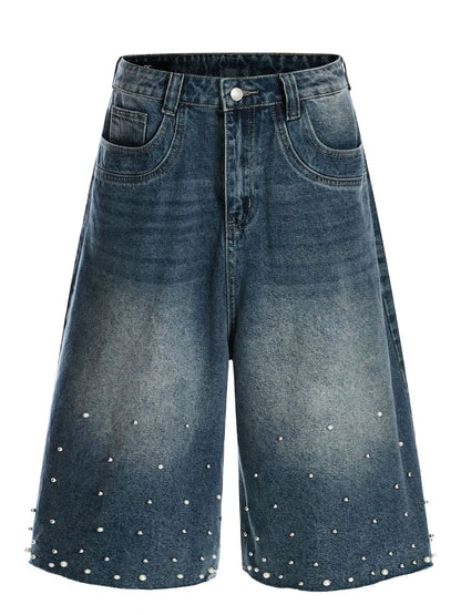 Men's Pearl Embellished Wide Leg Denim Shorts Blue - Fashorio