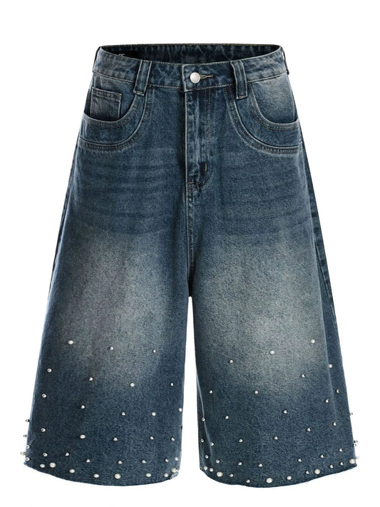 Men's Pearl Embellished Wide Leg Denim Shorts Blue - Fashorio