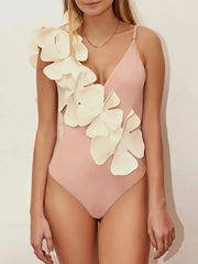 Contrast Flower Spaghetti Strap One-Piece Swimwear Pale Blush - Fashorio