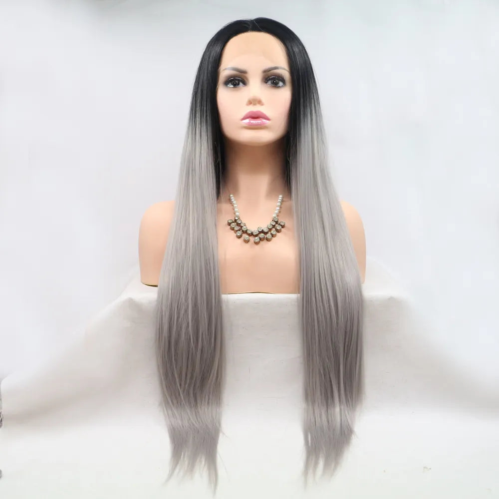 Black and grey long straight lace front wig